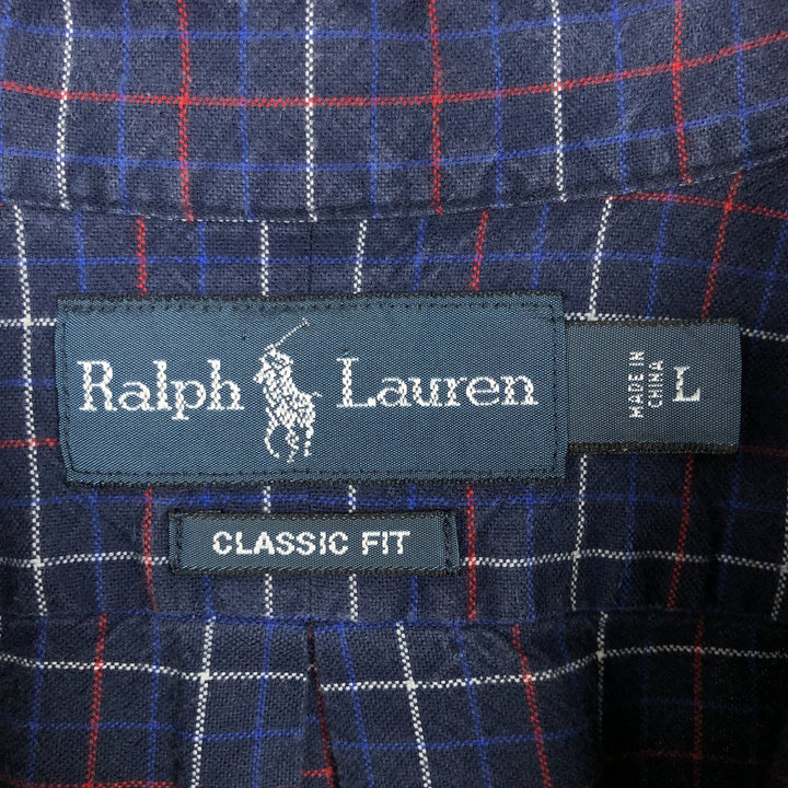 Ralph Lauren Classic Fit Long Sleeve Button Down Check Shirt, Men's Size L cotton navy blue type Vintage Second Hand