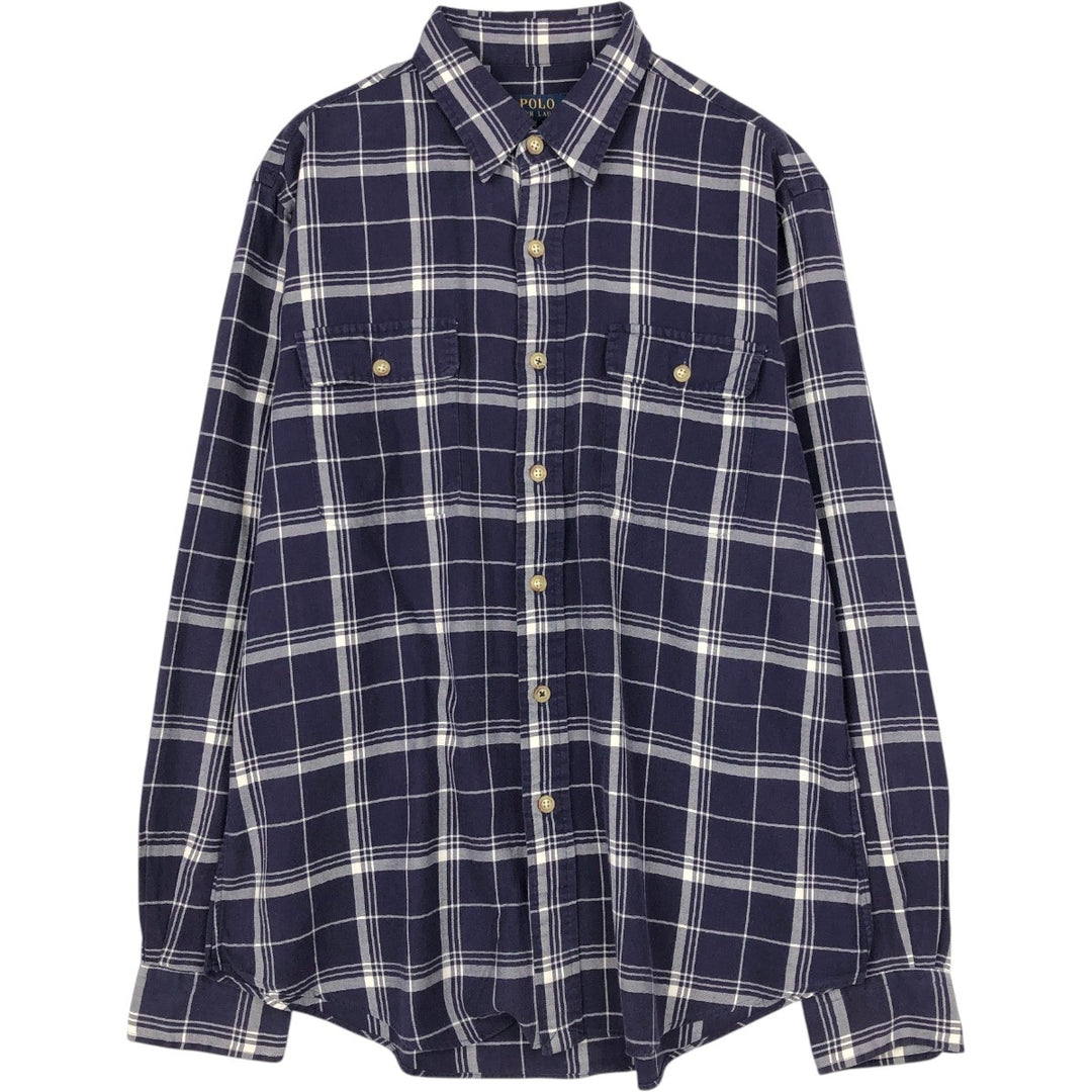 Ralph Lauren POLO Ralph Lauren Long-Sleeve Cotton Check Shirt, Men's Size L (approx.) cotton navy blue type Vintage Second Hand