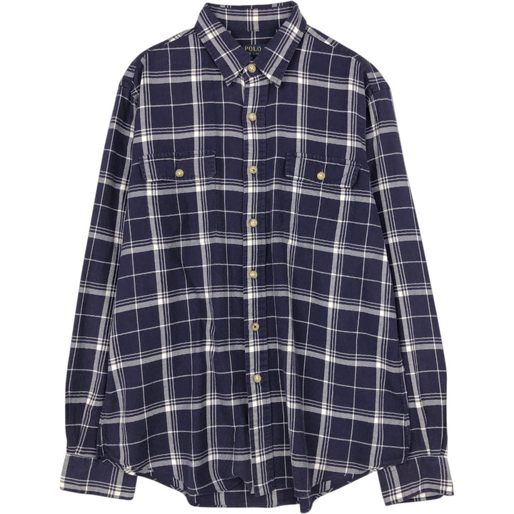Ralph Lauren POLO Ralph Lauren Long-Sleeve Cotton Check Shirt, Men's Size L (approx.) cotton navy blue type Vintage Second Hand