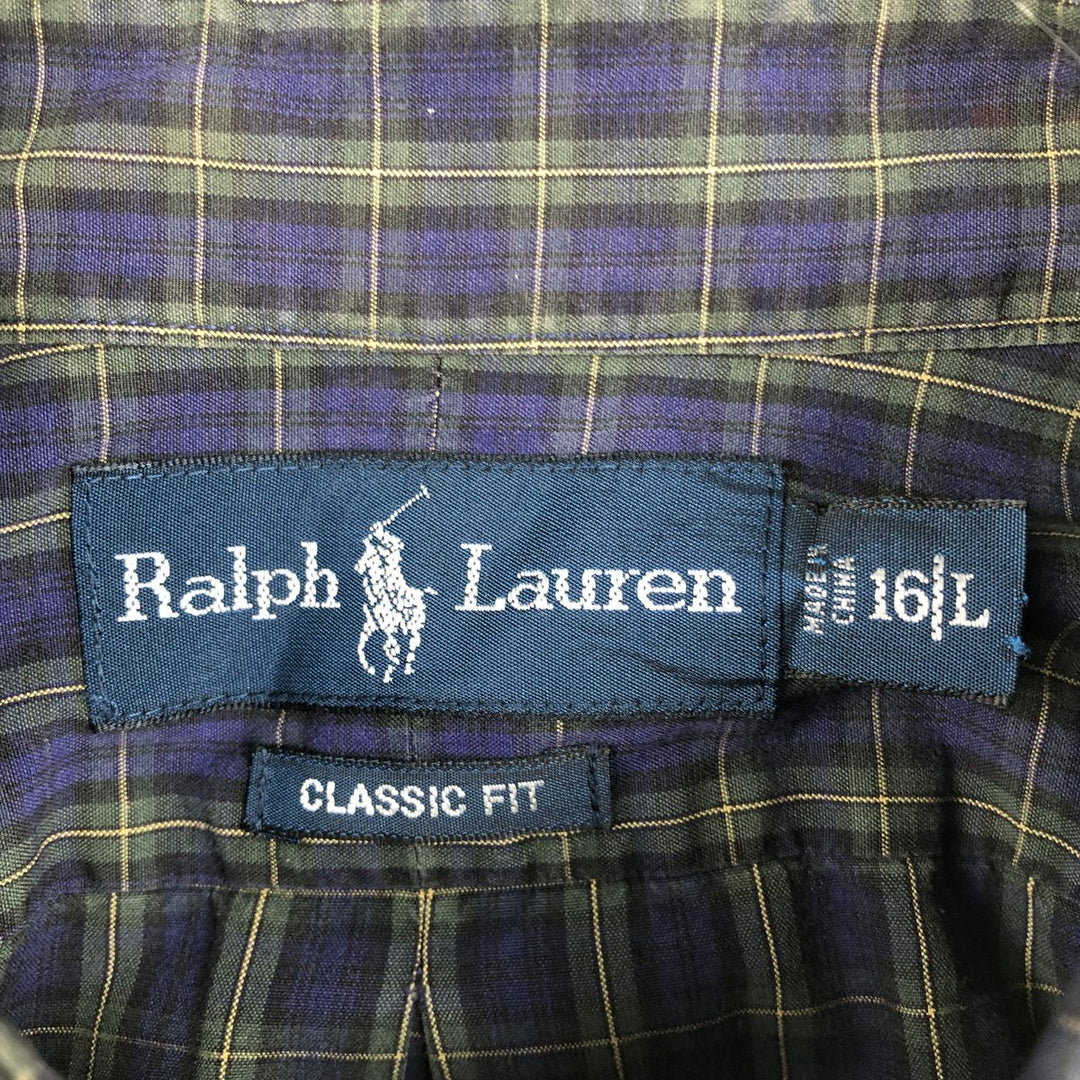 Ralph Lauren Classic Fit Long Sleeve Button Down Check Shirt Men's Size L cotton navy blue type Vintage Second Hand
