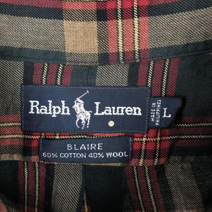 Ralph Lauren BLAIRE long sleeve button down check shirt, men's size L cotton green type Vintage Second Hand