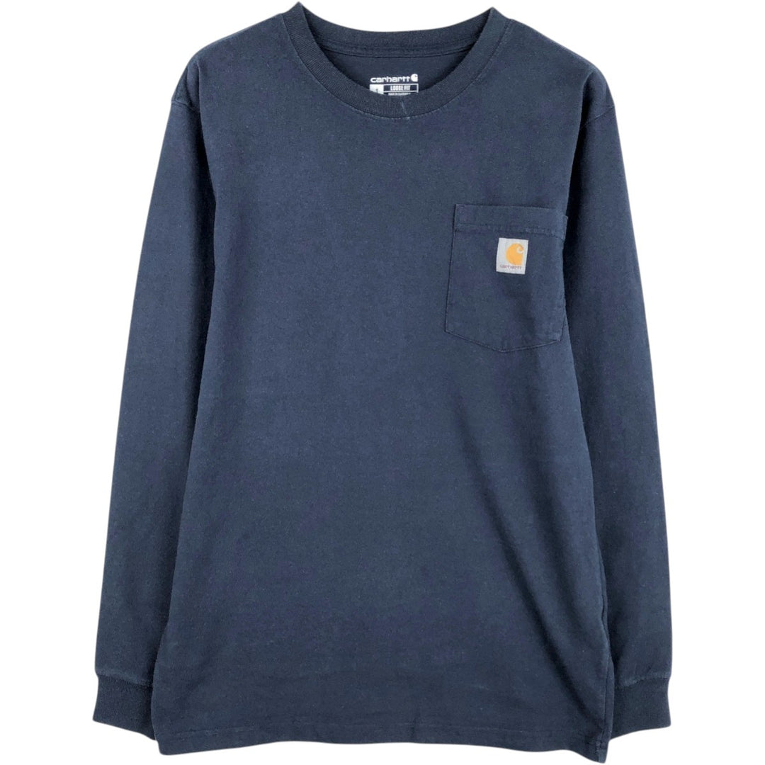 Carhartt plain pocket long-sleeved T-shirt, men's size S. cotton navy blue type Vintage Second Hand