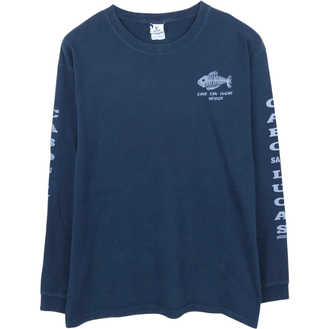 YAZBEK Fish Pattern Long-Sleeve T-Shirt (Men's Size L) cotton navy blue type Vintage Second Hand