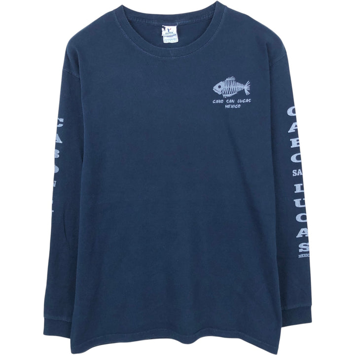 YAZBEK Fish Pattern Long-Sleeve T-Shirt (Men's Size L) cotton navy blue type Vintage Second Hand