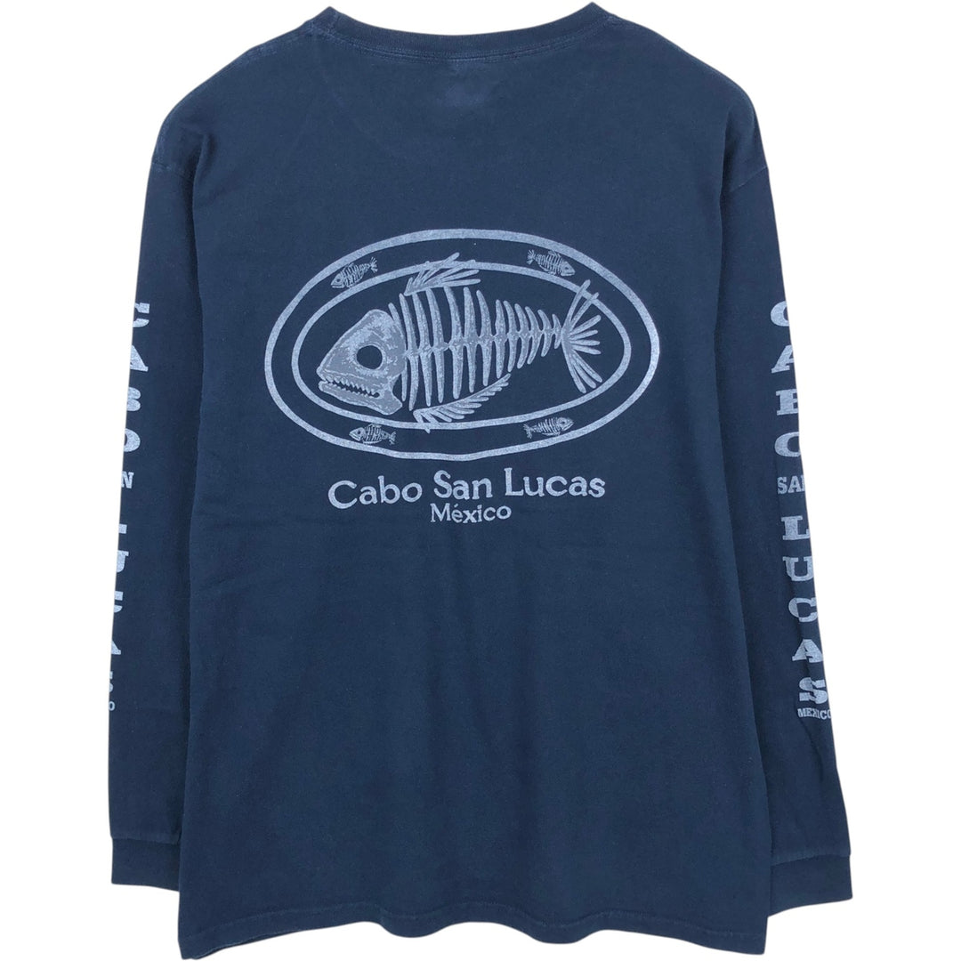 YAZBEK Fish Pattern Long-Sleeve T-Shirt (Men's Size L) cotton navy blue type Vintage Second Hand