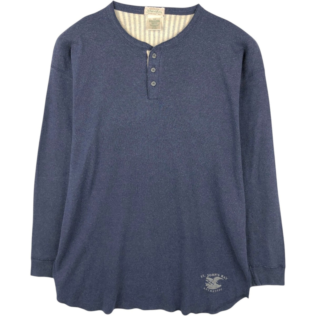 St. John's Bay Long-Sleeve T-Shirt, Henley Neck, Made in USA, Men's Size XL (approx.) cotton navy blue type Vintage Second Hand