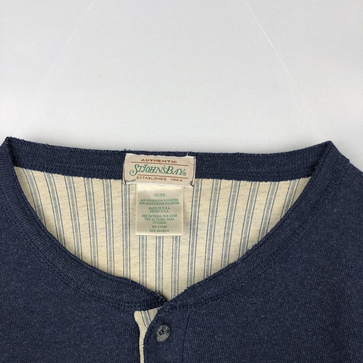 St. John's Bay Long-Sleeve T-Shirt, Henley Neck, Made in USA, Men's Size XL (approx.) cotton navy blue type Vintage Second Hand
