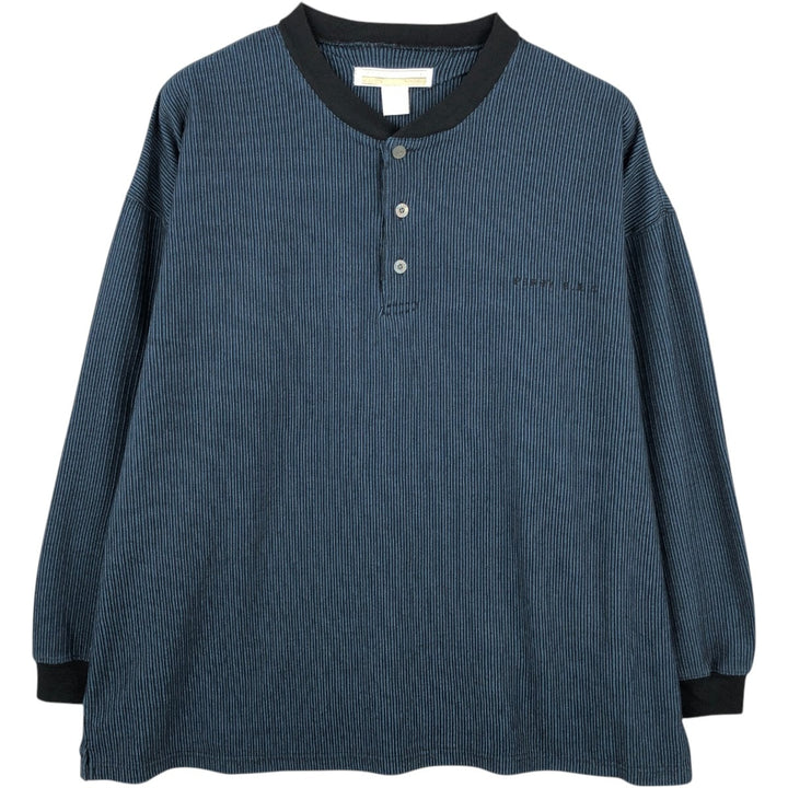 PERRY ELLIS Stripe Pattern Long-Sleeve T-Shirt (Men's Size L equivalent) - Henley Neck cotton black type Vintage Second Hand