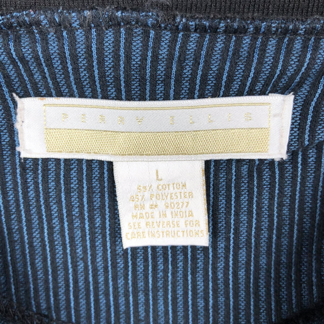 PERRY ELLIS Stripe Pattern Long-Sleeve T-Shirt (Men's Size L equivalent) - Henley Neck cotton black type Vintage Second Hand