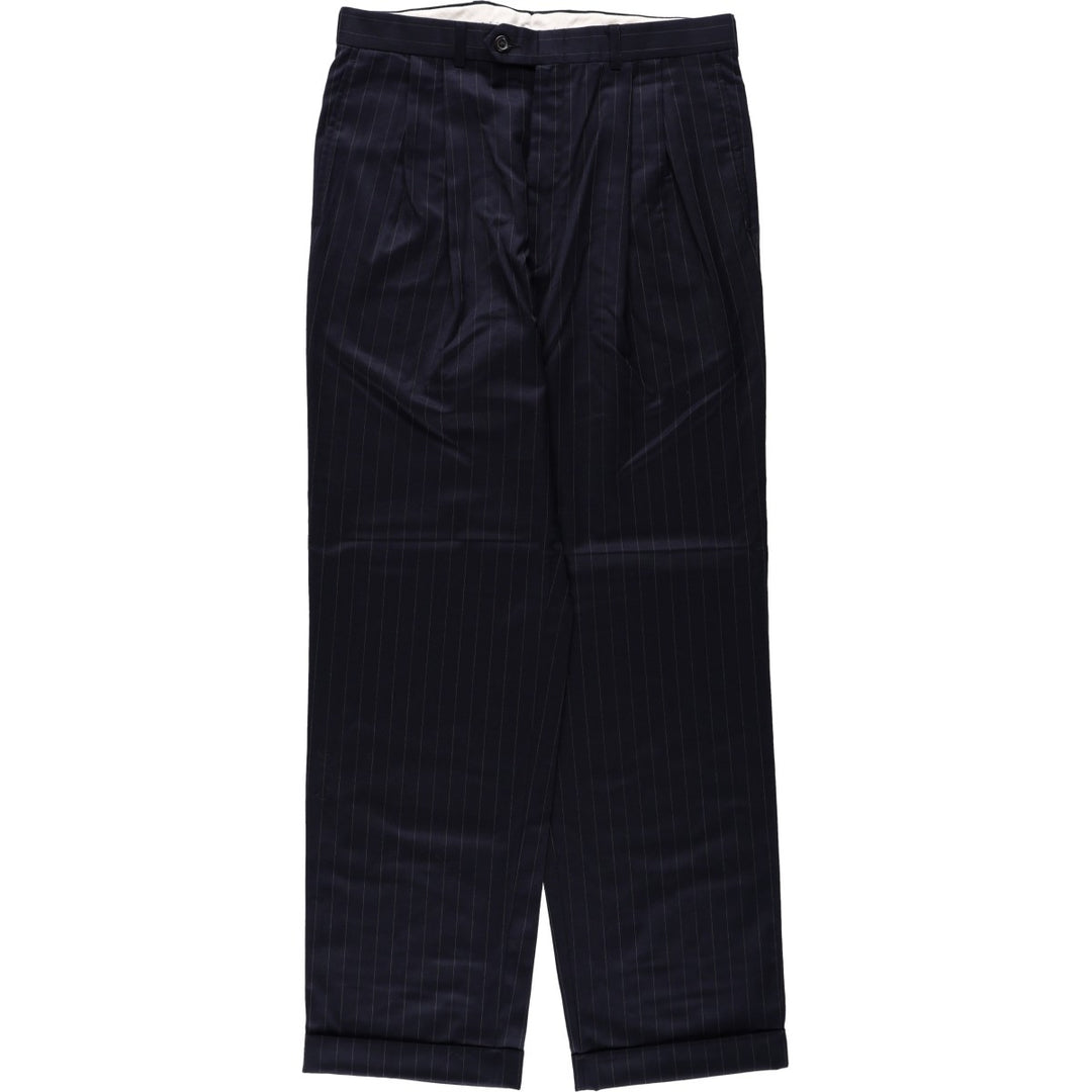 Ralph Lauren Total Comfort Stripe Pattern Two-Pleat Wool Trousers/Slacks, Made in Canada, Men's Size W32 (approx.) wool navy blue type Vintage Second Hand