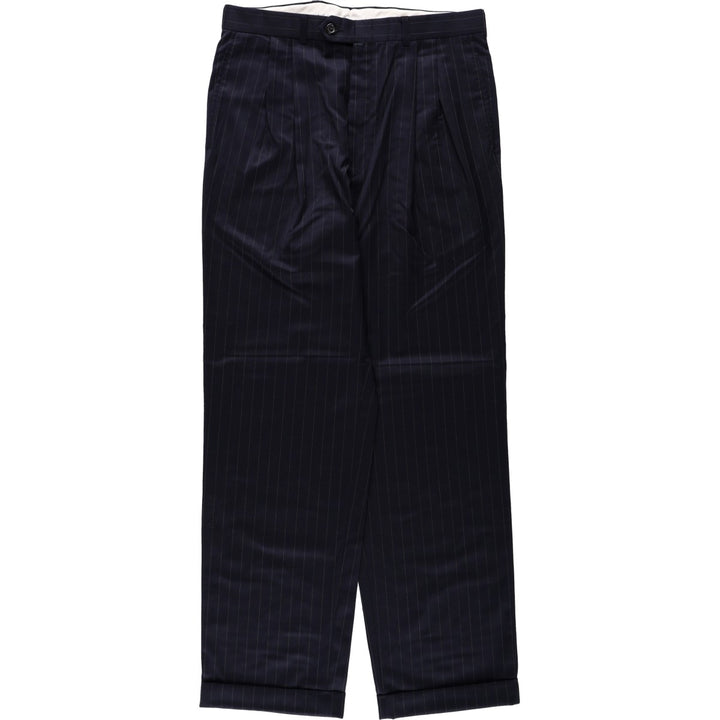 Ralph Lauren Total Comfort Stripe Pattern Two-Pleat Wool Trousers/Slacks, Made in Canada, Men's Size W32 (approx.) wool navy blue type Vintage Second Hand