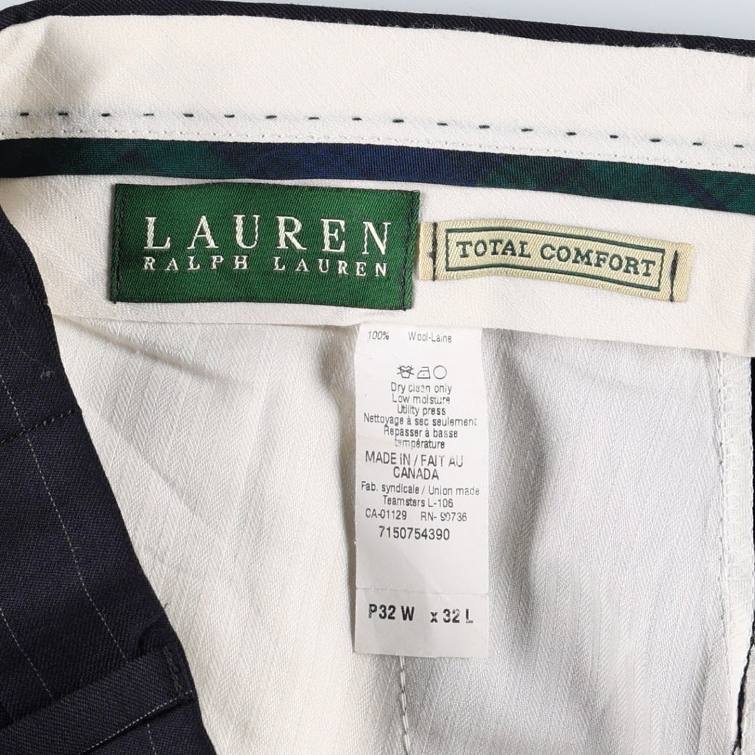 Ralph Lauren Total Comfort Stripe Pattern Two-Pleat Wool Trousers/Slacks, Made in Canada, Men's Size W32 (approx.) wool navy blue type Vintage Second Hand