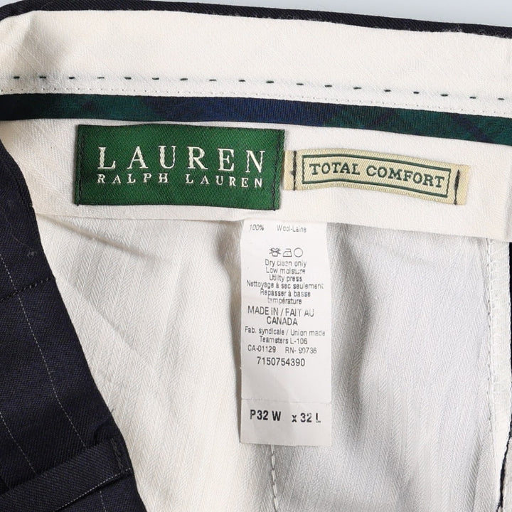 Ralph Lauren Total Comfort Stripe Pattern Two-Pleat Wool Trousers/Slacks, Made in Canada, Men's Size W32 (approx.) wool navy blue type Vintage Second Hand