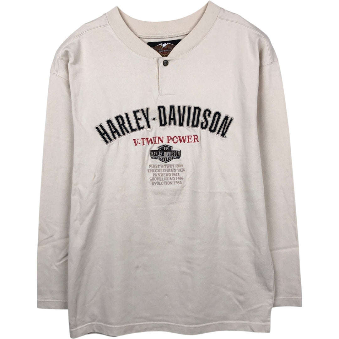 Harley-Davidson Henley Neck Motorcycle Long-Sleeve T-Shirt (Men's Size L) cotton Beige type Vintage Second Hand