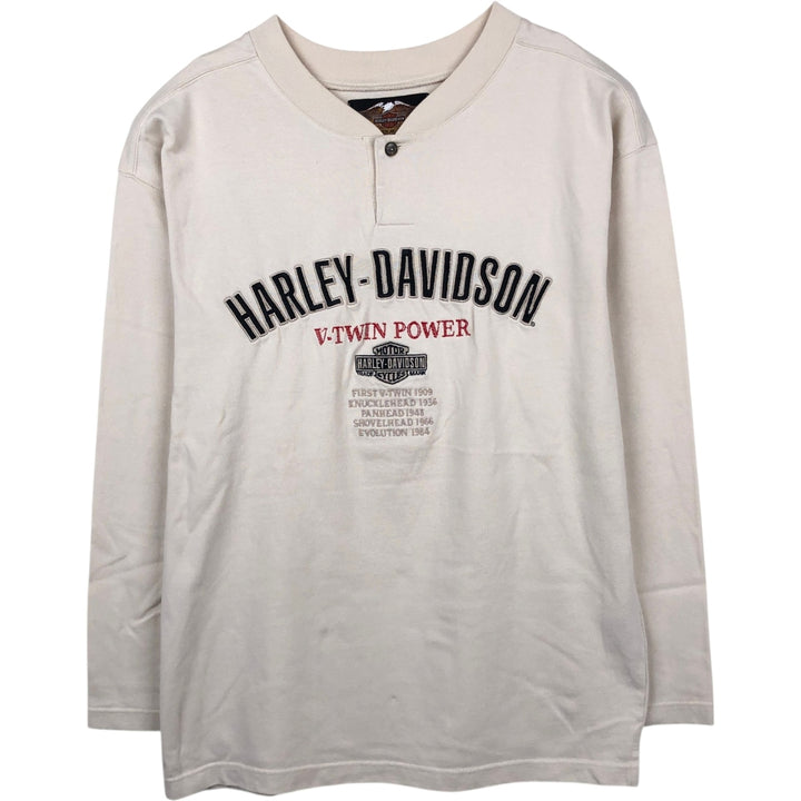 Harley-Davidson Henley Neck Motorcycle Long-Sleeve T-Shirt (Men's Size L) cotton Beige type Vintage Second Hand