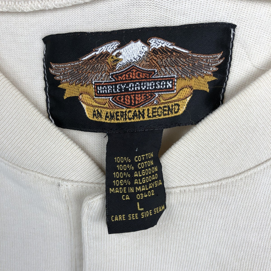 Harley-Davidson Henley Neck Motorcycle Long-Sleeve T-Shirt (Men's Size L) cotton Beige type Vintage Second Hand