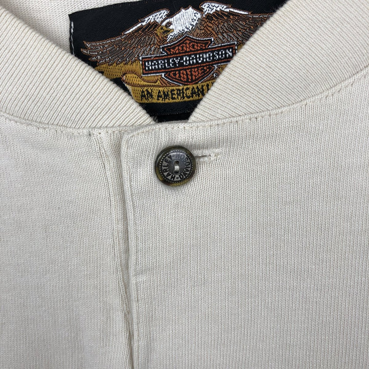 Harley-Davidson Henley Neck Motorcycle Long-Sleeve T-Shirt (Men's Size L) cotton Beige type Vintage Second Hand