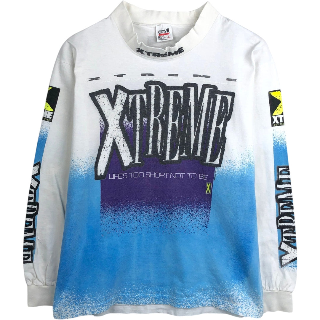 90'S Anvil XTREME High Neck Long-Sleeve T-Shirt, Made in USA, Men's Size L (Equivalent), Vintage cotton white type Vintage Second Hand