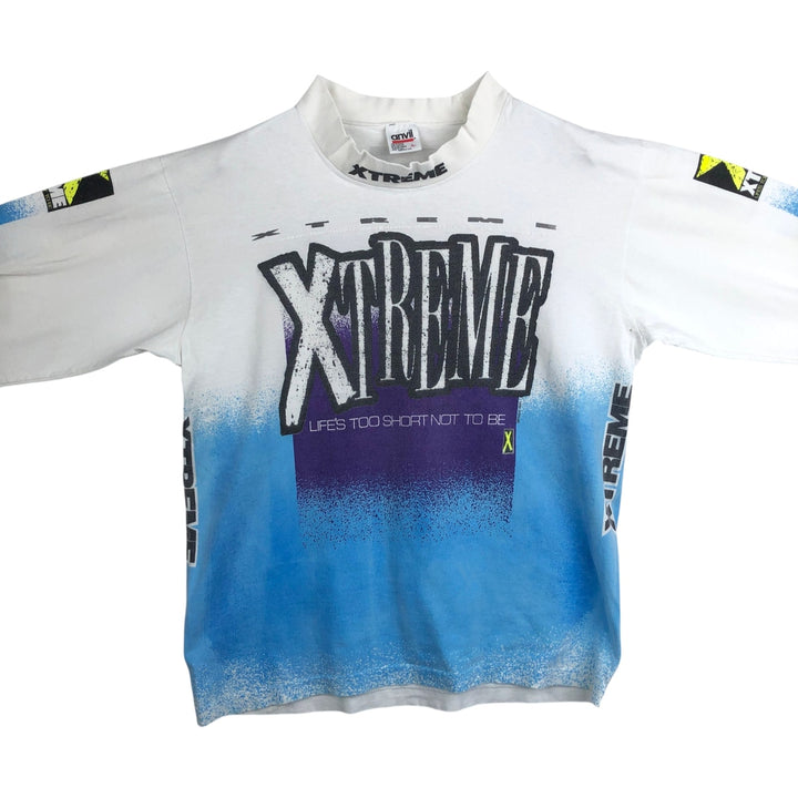 90'S Anvil XTREME High Neck Long-Sleeve T-Shirt, Made in USA, Men's Size L (Equivalent), Vintage cotton white type Vintage Second Hand