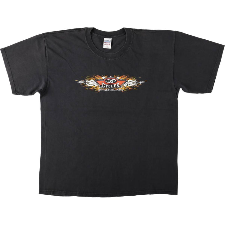 Gildan J and P Cycles Eagle Pattern Fire Pattern Motorcycle T-Shirt, Men's Size XL (approx.) cotton black type Vintage Second Hand