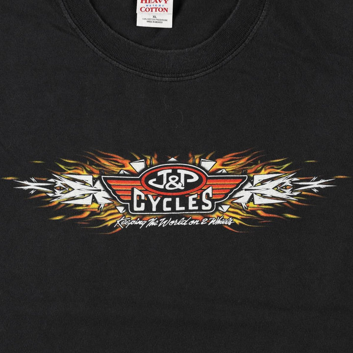 Gildan J and P Cycles Eagle Pattern Fire Pattern Motorcycle T-Shirt, Men's Size XL (approx.) cotton black type Vintage Second Hand