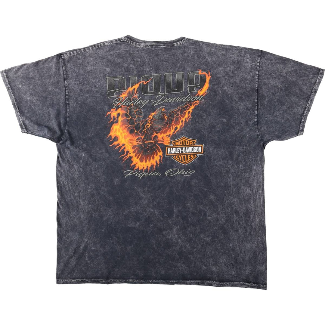 Harley-Davidson Fire Pattern Eagle Design Motorcycle T-Shirt, Men's XXL (approx.) cotton Charcoal Vintage Second Hand