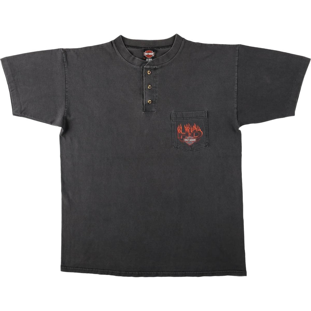 00'S Harley Davidson Fire Pattern Henley Neck Motorcycle Bike T-Shirt Made in USA Men's XL cotton black type Vintage Second Hand