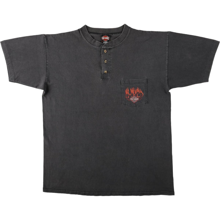 00'S Harley Davidson Fire Pattern Henley Neck Motorcycle Bike T-Shirt Made in USA Men's XL cotton black type Vintage Second Hand