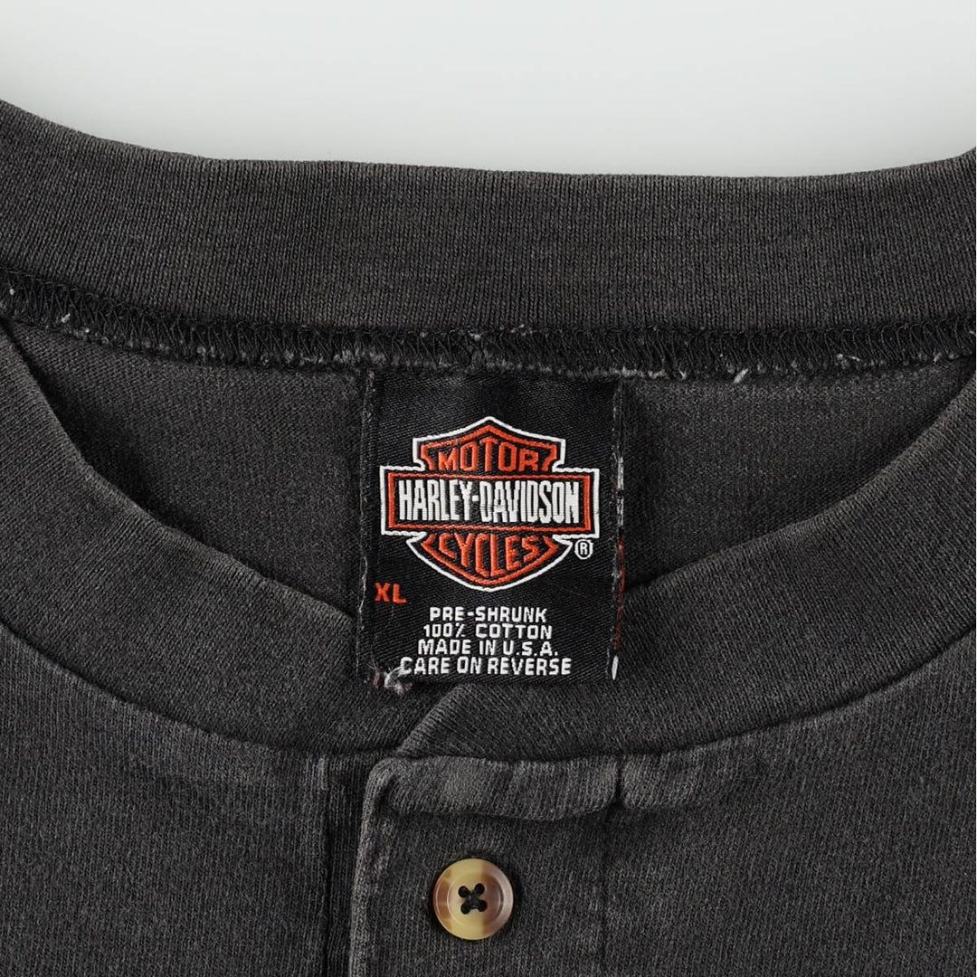 00'S Harley Davidson Fire Pattern Henley Neck Motorcycle Bike T-Shirt Made in USA Men's XL cotton black type Vintage Second Hand