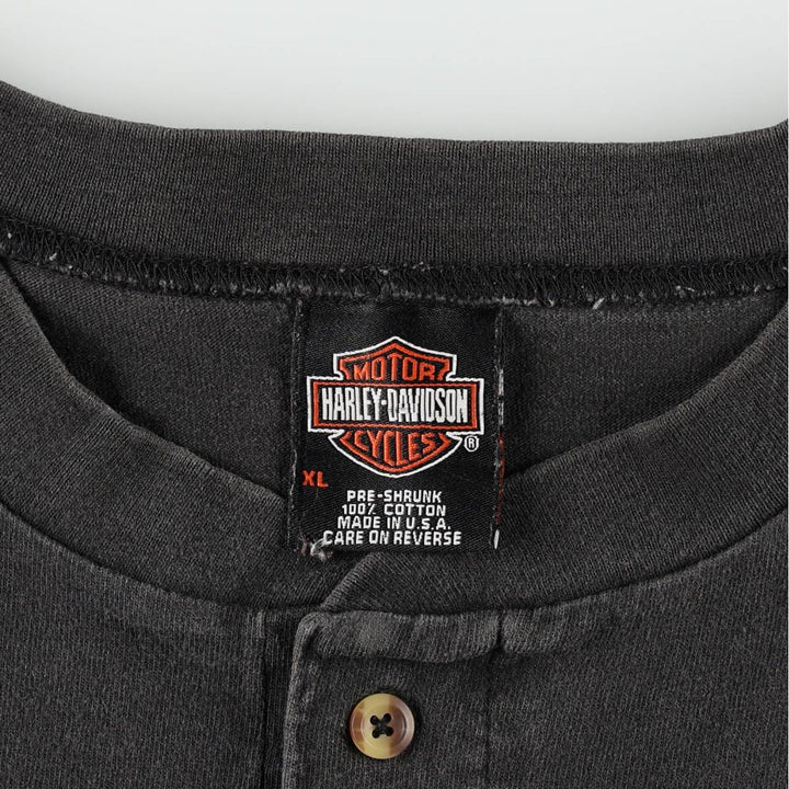 00'S Harley Davidson Fire Pattern Henley Neck Motorcycle Bike T-Shirt Made in USA Men's XL cotton black type Vintage Second Hand