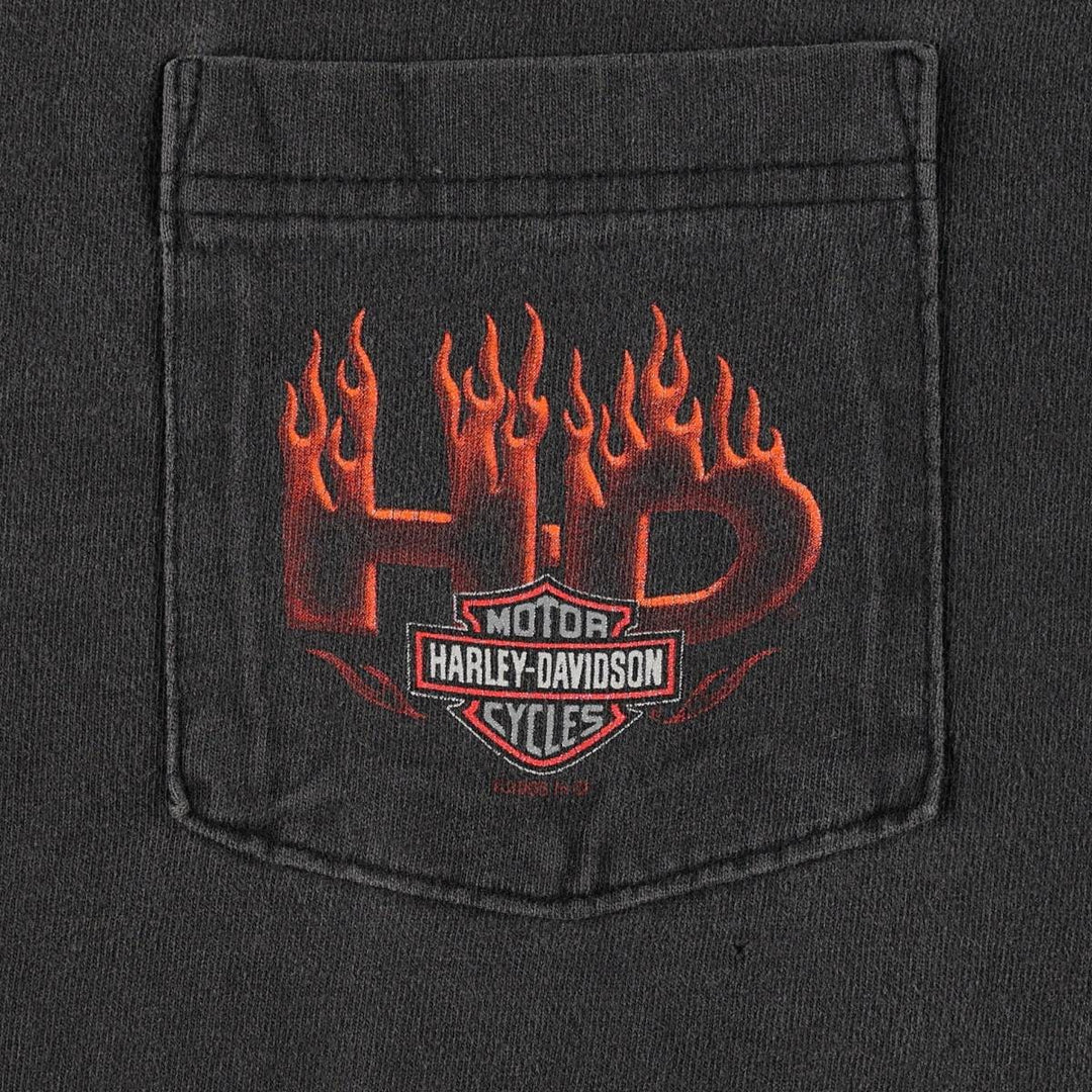 00'S Harley Davidson Fire Pattern Henley Neck Motorcycle Bike T-Shirt Made in USA Men's XL cotton black type Vintage Second Hand