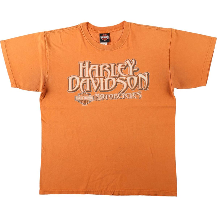 00'S Harley-Davidson Fire Pattern Motorcycle Bike T-Shirt Men's L size unclear orange type Vintage Second Hand