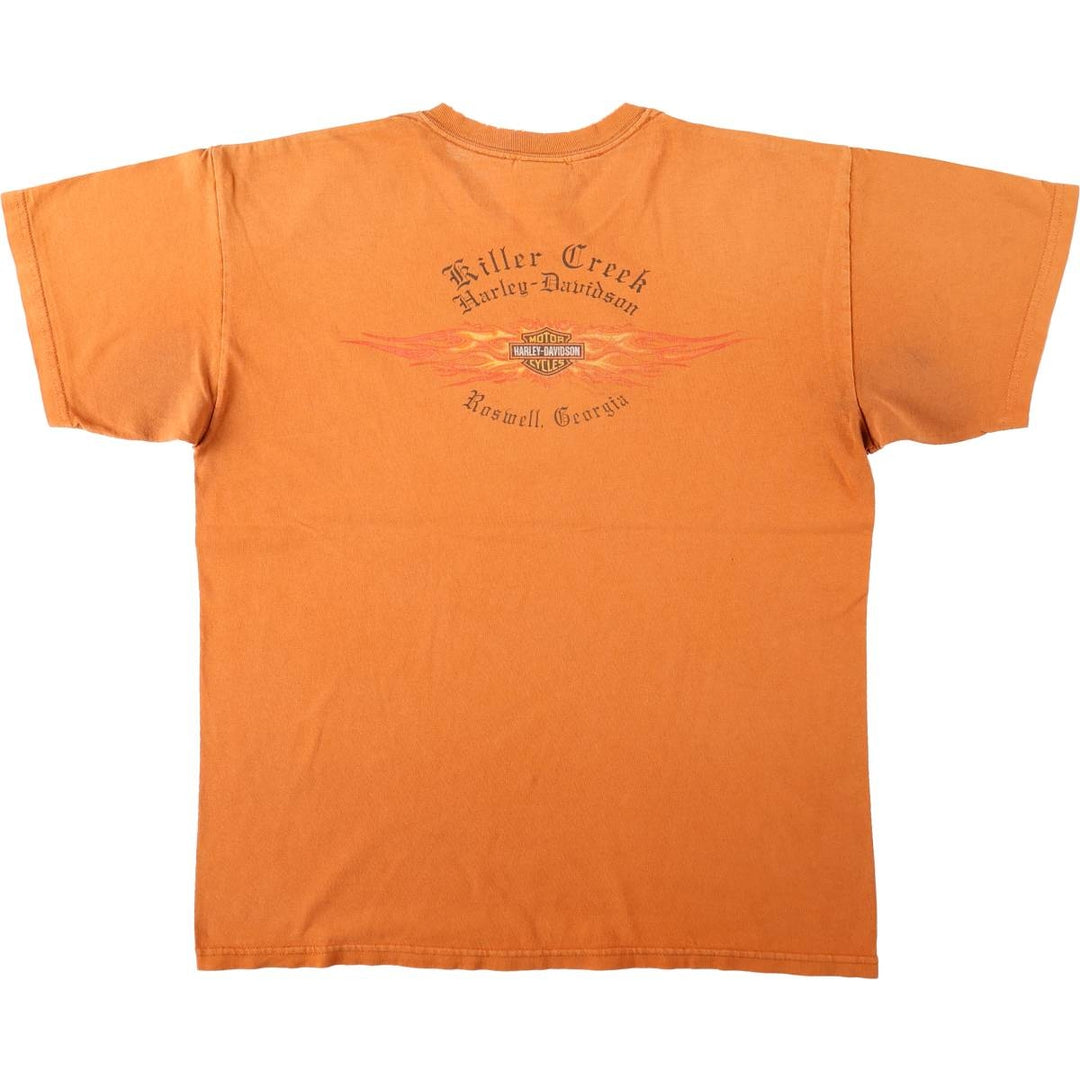00'S Harley-Davidson Fire Pattern Motorcycle Bike T-Shirt Men's L size unclear orange type Vintage Second Hand