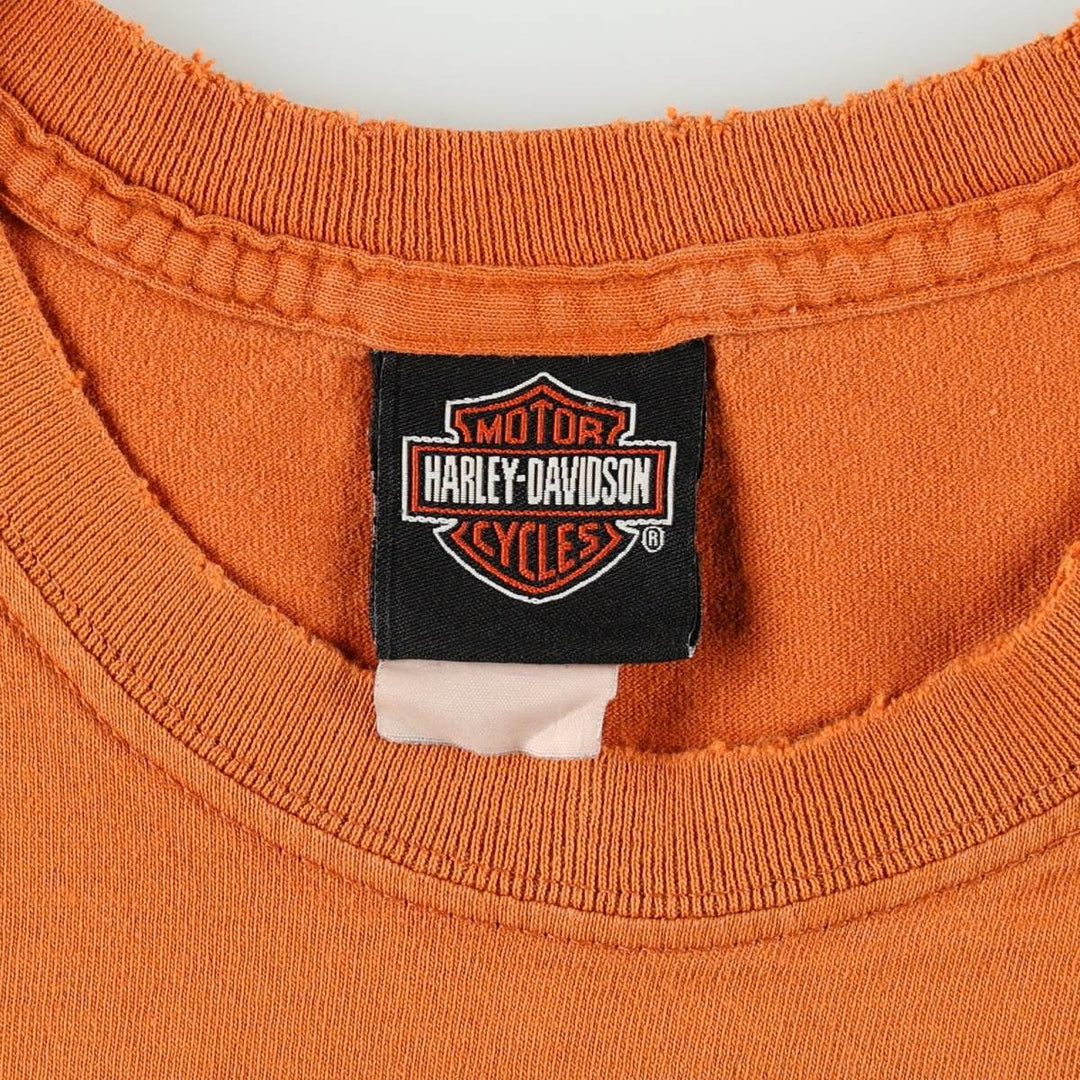 00'S Harley-Davidson Fire Pattern Motorcycle Bike T-Shirt Men's L size unclear orange type Vintage Second Hand