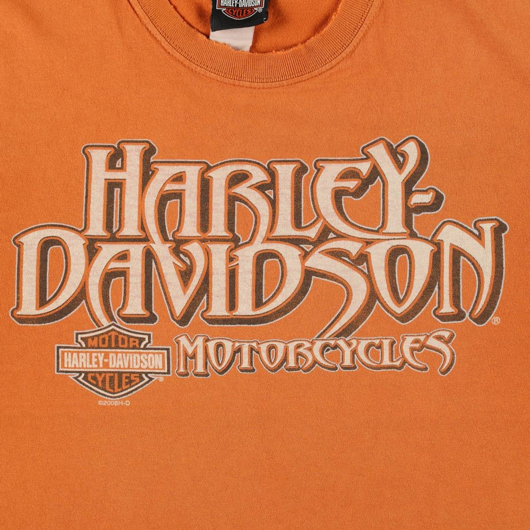 00'S Harley-Davidson Fire Pattern Motorcycle Bike T-Shirt Men's L size unclear orange type Vintage Second Hand