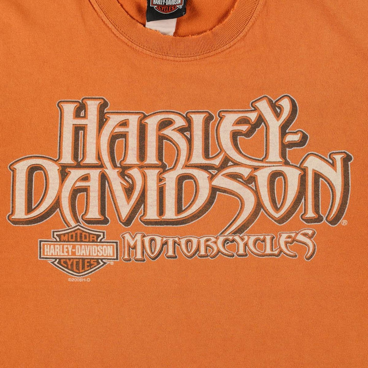 00'S Harley-Davidson Fire Pattern Motorcycle Bike T-Shirt Men's L size unclear orange type Vintage Second Hand