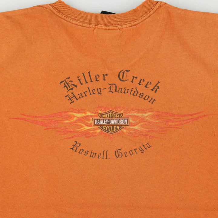00'S Harley-Davidson Fire Pattern Motorcycle Bike T-Shirt Men's L size unclear orange type Vintage Second Hand