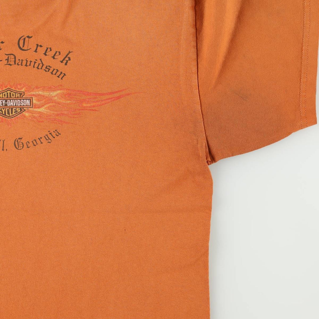 00'S Harley-Davidson Fire Pattern Motorcycle Bike T-Shirt Men's L size unclear orange type Vintage Second Hand