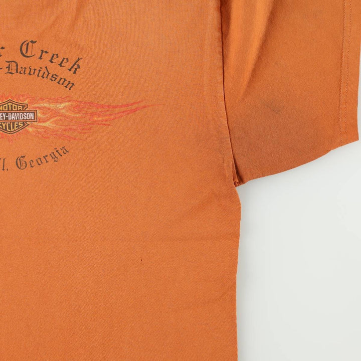 00'S Harley-Davidson Fire Pattern Motorcycle Bike T-Shirt Men's L size unclear orange type Vintage Second Hand
