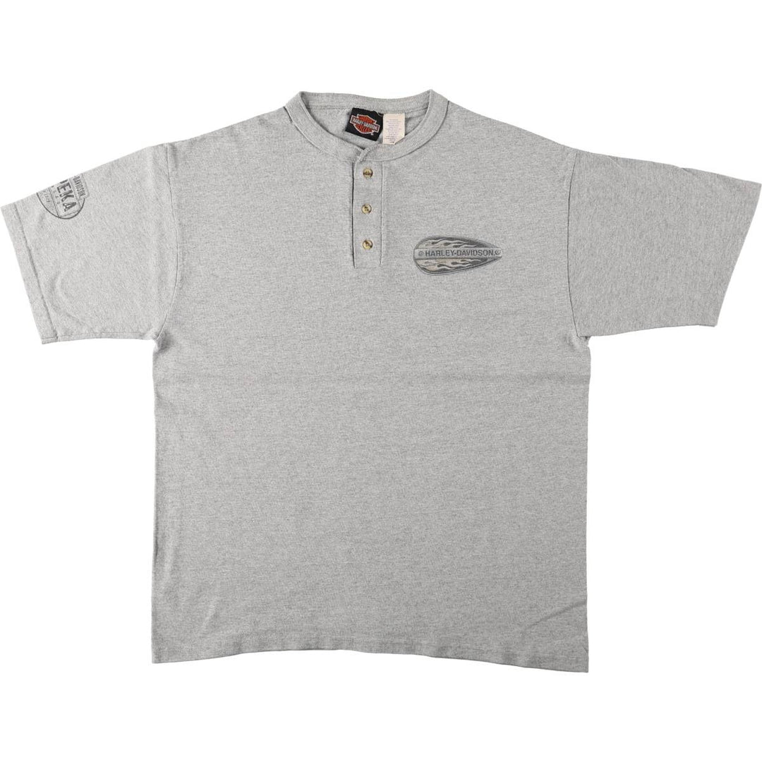 Harley-Davidson Henley Neck Motorcycle T-Shirt, Made in USA, Men's Size L (approx.) cotton gray type Vintage Second Hand