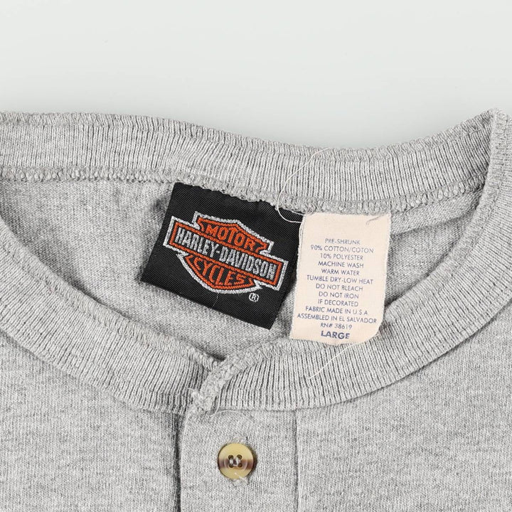 Harley-Davidson Henley Neck Motorcycle T-Shirt, Made in USA, Men's Size L (approx.) cotton gray type Vintage Second Hand