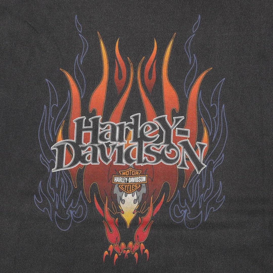 Harley-Davidson Fire Pattern Motorcycle T-Shirt, Made in USA, Men's Size XXXL (approx.) cotton black type Vintage Second Hand
