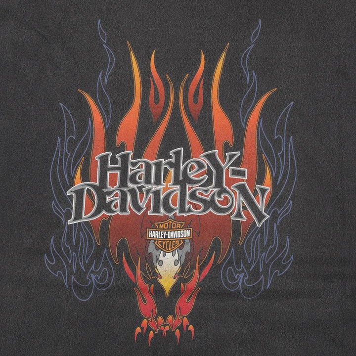 Harley-Davidson Fire Pattern Motorcycle T-Shirt, Made in USA, Men's Size XXXL (approx.) cotton black type Vintage Second Hand