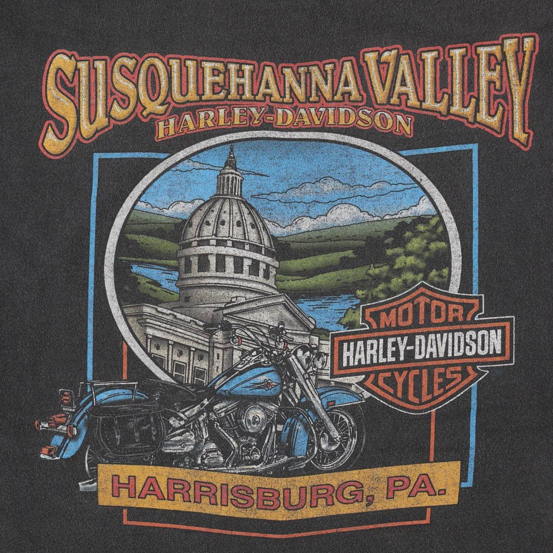 Harley-Davidson Fire Pattern Motorcycle T-Shirt, Made in USA, Men's Size XXXL (approx.) cotton black type Vintage Second Hand