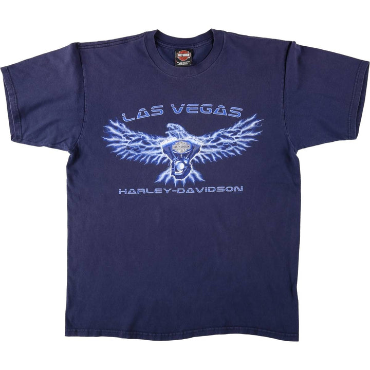 Harley-Davidson Eagle Pattern Motorcycle Bike T-shirt Made in USA Men's L size cotton navy blue type Vintage Second Hand