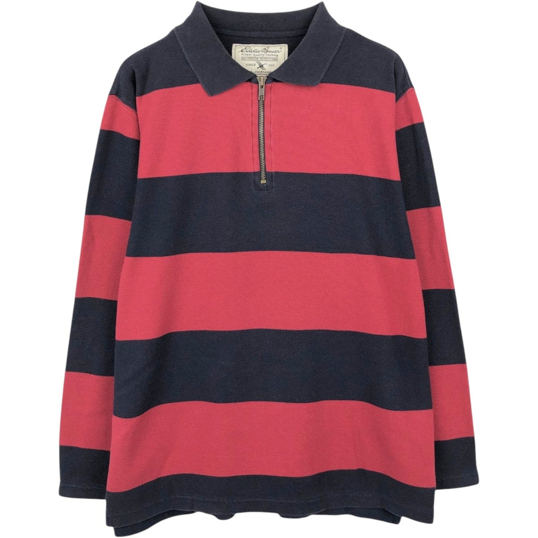 Eddie Bauer Wide Collar Half-Zip Long-Sleeve Striped Polo Shirt, Men's Size M (approx.) cotton red type Vintage Second Hand