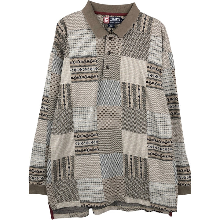 Ralph Lauren CHAPS all-over print long-sleeved polo shirt, men's size XL cotton Beige type Vintage Second Hand