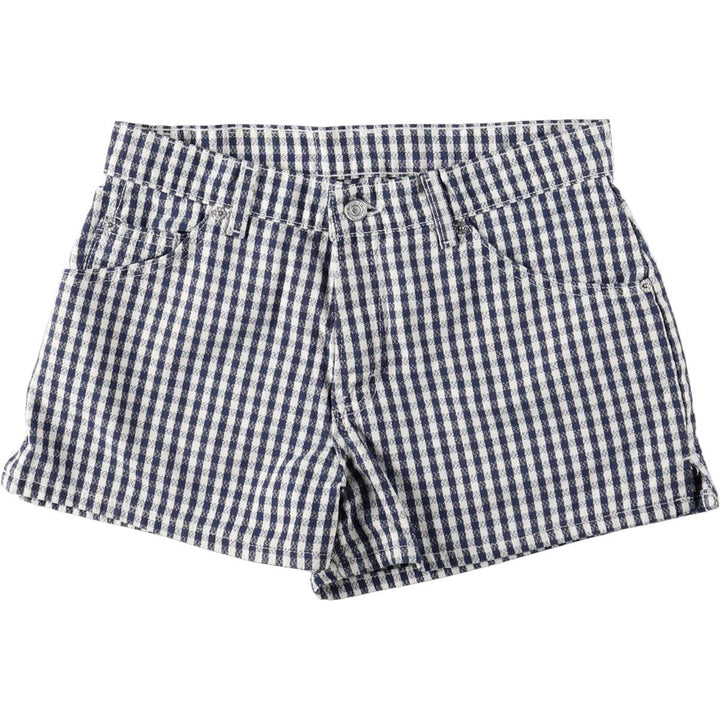 90'S Levi's 912 Slim Fit Check Pattern Gingham Check Cotton Shorts, Women's Size L (W30 equivalent) cotton navy blue type Vintage Second Hand