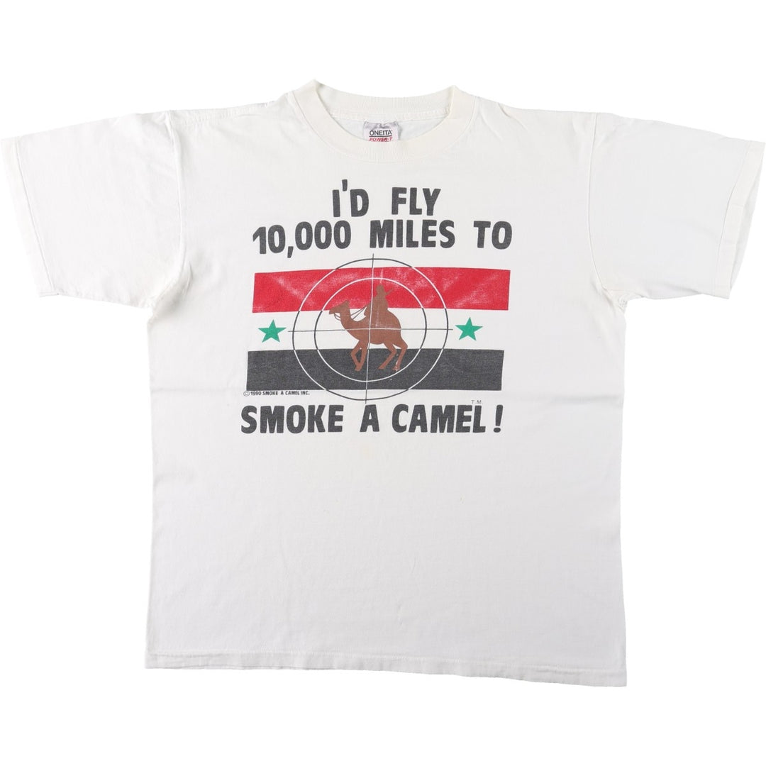 90'S ONEITA parody message print T-shirt, made in USA, men's size XL equivalent, vintage. cotton white type Vintage Second Hand