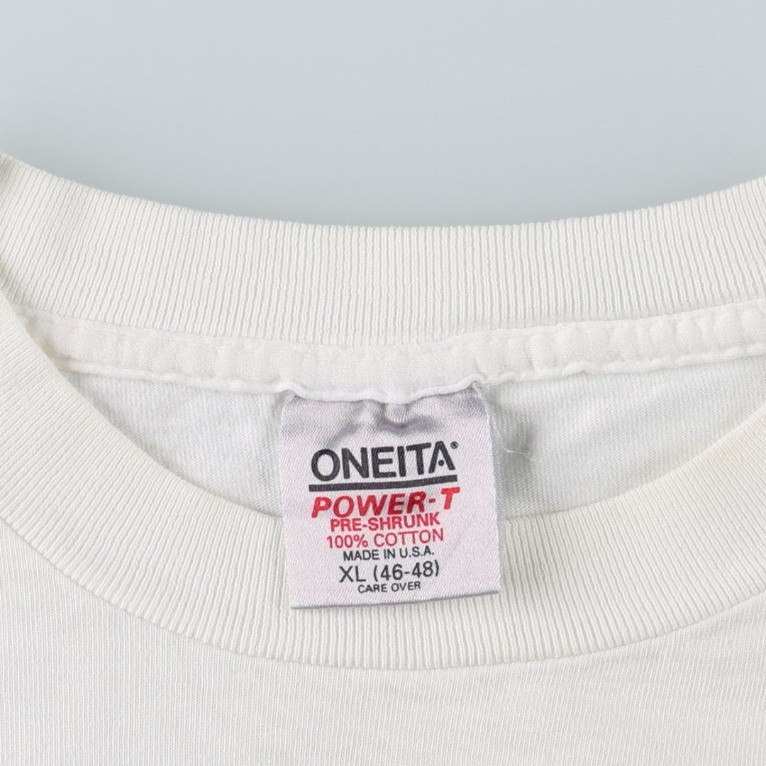 90'S ONEITA parody message print T-shirt, made in USA, men's size XL equivalent, vintage. cotton white type Vintage Second Hand